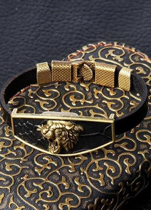 Шкіряний браслет з бронзовими вставками довжина 21 см