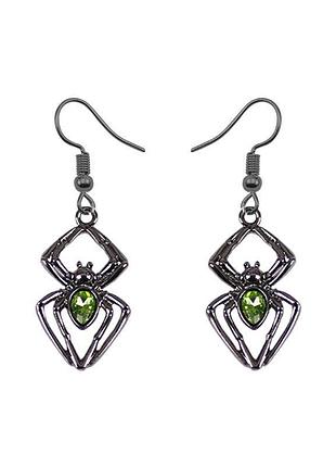 Модні сережки-павуки  із зеленими камінцями