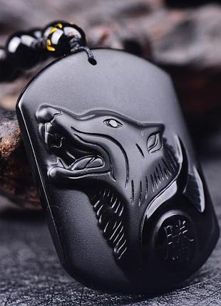 Намисто з натурального чорного обсидіану з різьбленням вовку