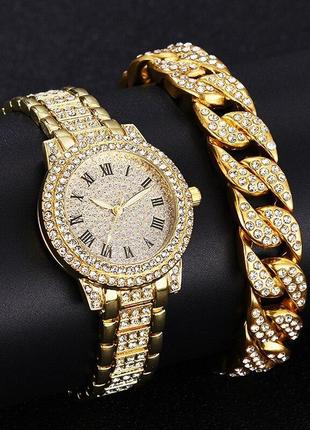 Золотистий кварцовий годинник + браслет зі стразами
