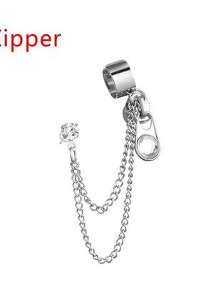 Срібляста серьга каф з вверхнім кліпом і з підвіскою вигляді застібки