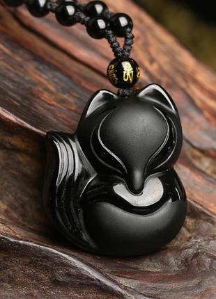 Оригінальне чорне намисто з великою підвіскою у вигляді лисиці