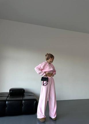 Розовый велюровый плюшевый спортивный косям штаны палаццо+кофта на молнии барби xs s m l 42 44 46 483 фото
