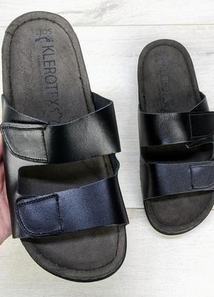 Шльопанці чоловічі klerotex на липучках чорні шкіряні 3768