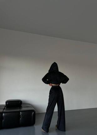 Плюшевый велюровый черный спортивный костюм кофта на молнии с капюшоном + штаны палаццо 42 44 46 48 xs s m l2 фото