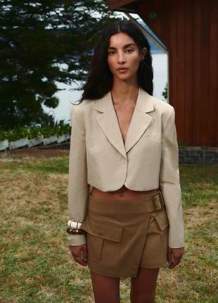 Укороченный блейзер с льном zara / жакет зара / льняной пиджак zara
