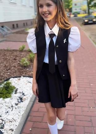 Костюм двойка детский подростковый школьный для девочки, жилет, юбка солнце, школьная...