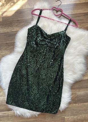 Мини платье xs / s zara, изумрудный цвет, в стразах