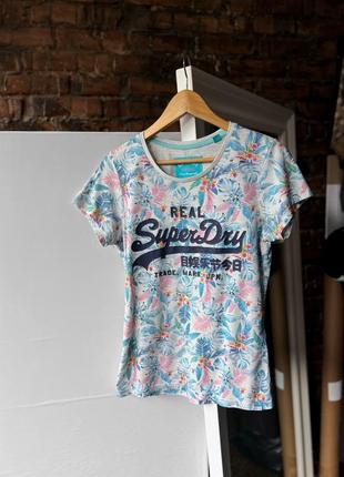 Superdry women’s printed floral multicolor short sleeve t-shirt center logo жіноча футболка з принтом