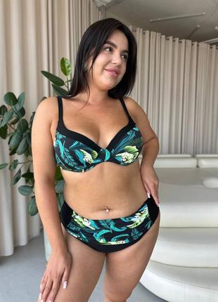 Яркий раздельный купальник высокие трусики растительный рисунок plus size