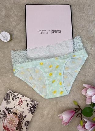 Трусики бікіні  victoria's secret хб з мереживним поясом блакитні з апельсинами оригінал вікторія