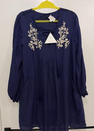 Синяя рубашка , туника с вышивкой