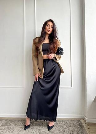 Женская черная длинная юбка макси в пол искусственный шелк2 фото