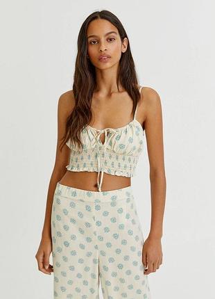Молочный льняной топ с цветочным принтом pull & bear, топ резинка в морском стиле