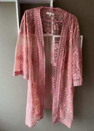 Кружевная накидка на купальник розовая пудровая летнее кимоно халат пляжный вышивка в узор цветочный принт f&f holiday 🩷3 фото