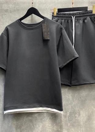 Хит! оверсайз костюм летний, шорты и футболка свободного кроя, графит