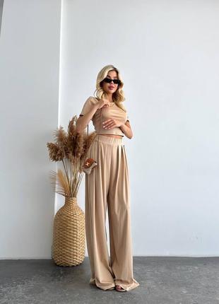 Костюм двойка брюки + кроп топ из микродайвинга, женский брючный костюм с топом 1614