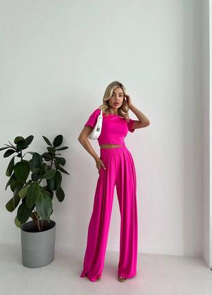 Костюм двойка брюки + кроп топ из микродайвинга, женский брючный костюм с топом 1614