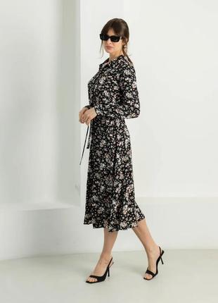 Сукня чорна принт-квіти штапель прямого крою з поясом1 фото
