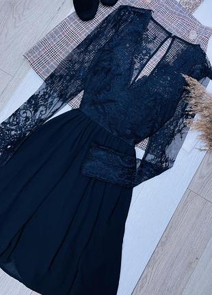 Нова чорна мереживна сукня h&m xs s плаття кльош коротке плаття з вирізом вечірня сукня