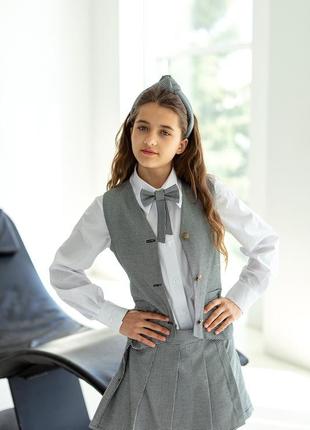 Костюм двойка детский подростковый для девочки, жилетка, юбка - шорты, школьная форма, гус...