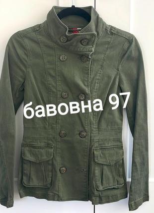 Хк бавовняна військова подовжена стильна зелена жіноча куртка піджак на гудзиках бавовна мілітарі