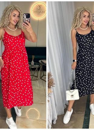 Женское сарафан на тонких брителях платье длинное платье в горошек штапель