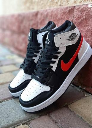 Nike air jordan 1 retro високі білі з чорним кросівки кеди чоловічі найк джордан осінні весняні демісезонні високі шкіра шкіряні відмінна якість