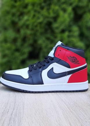 Nike air jordan 1 retro високі білі з чорним та червоним кросівки кеди чоловічі найк джордан осінні весняні демісезонні  шкіряні відмінна якість