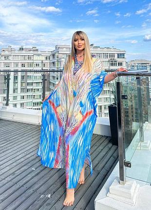 Парео халатик накидка платье макси декольте рукава для пляжа туника вырезы полоскания рисунок шнуровка