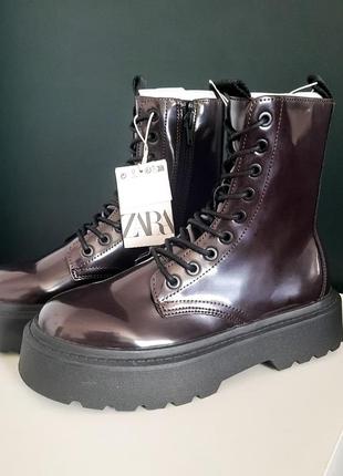 Лаковые сапоги на шнуровке рубинового цвета zara 36 размер (22,9 см)