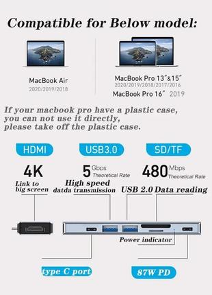 Vothoon hub usb-c адаптер для macbook pro/air hdmi 4k, usb 2.0, usb 3.0, usb-c, tf sd reader slot, usb-c pd7 фото