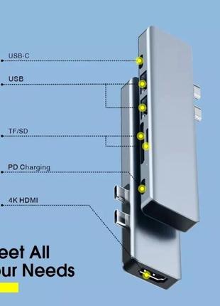 Vothoon hub usb-c адаптер для macbook pro/air hdmi 4k, usb 2.0, usb 3.0, usb-c, tf sd reader slot, usb-c pd2 фото