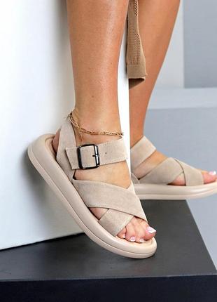 Босоножки женские из натуральной замши бежевого цвета, замшевые женккие босоножки