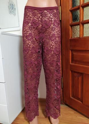 Кружевные брюки марсала fogal l valentino lace wide leg trousers трендові прозорі штани