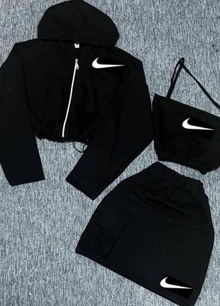 Костюм nike топ майка на тонких бретелях юбка мини короткая юбка укороченная кофта сопкая худи комплект найк черный