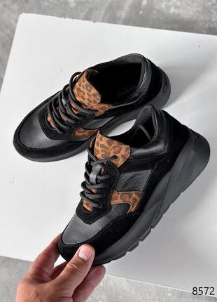 Кросівки жіночі tion чорні + леопард, натуральна шкіра