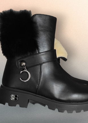 Черные зимние ботинки для девочки на каблуке с   опушкой  мехом, овчинка школьные практичные