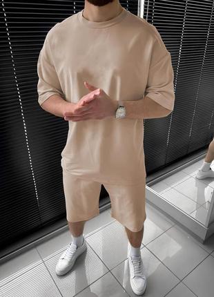 Мега розпродаж! літній спортивний костюм оверсайз футболка шорти бежевий