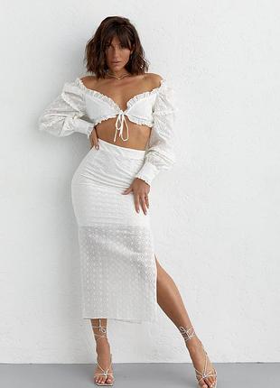 Літній спідничний костюм з болеро та спідницею з прошви - молочний цвет, l (є розміри)