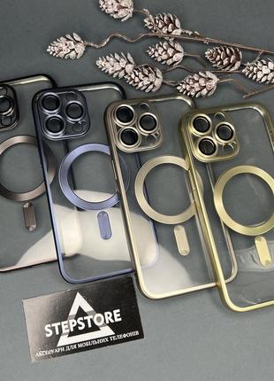 Чехол для iphone 14 pro max с magsafe линзами на камеру прозрачный матовый ободок противоударный хромирован