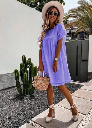 Платье женское короткое мини легкое повседневное белое синие зеленая лиловая розовая наряд...