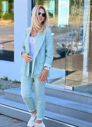 Льняной женский костюм двойка брюки пояс на резинке с карманами +пиджак с пуговицей