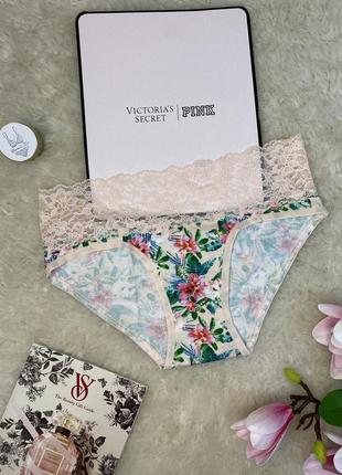 Трусики бикини victoria's secret хб с кружевным поясом кремовые с тропиками оригинал виктория сикрет