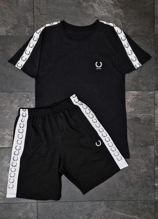 Мужской летний костюм футболка + шорти fred perry черный с лампасами комплект фред перри на лето (b)