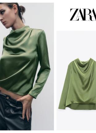 Zara, атласна блуза оливкового кольору розмір м