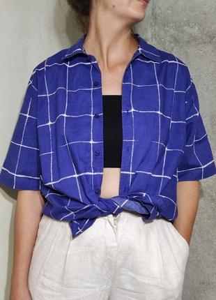 Сорочка рубашка оверсайз вільна пряма бавовна синя клітка клітинка