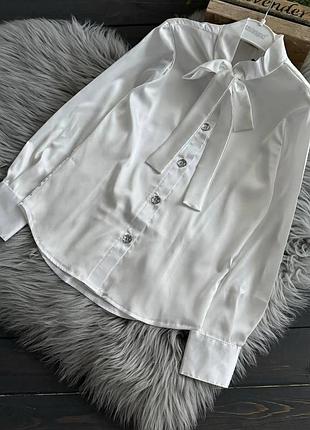 Ошатна шовкова біла шкільна блуза для дівчинки підлітка, біла дитяча святкова блузка для школи