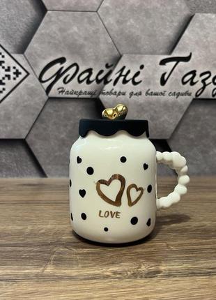 Керамическая кружка love, 400 мл, белая в черный горошек