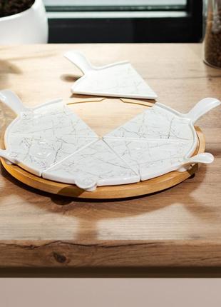 Тарелка для пиццы 28 см керамическая с бамбуковой вращающейся подставкой, секционная